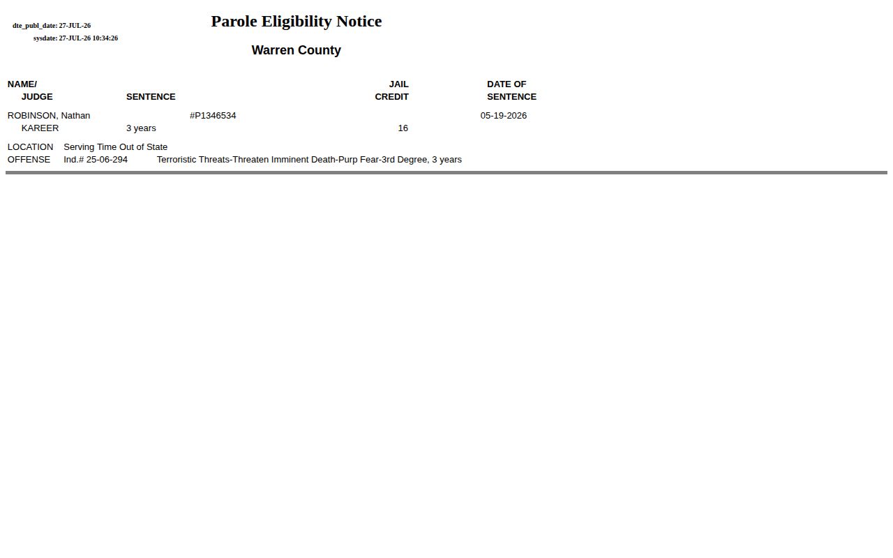 Warren County parole eligibility notice for post-release supervision research