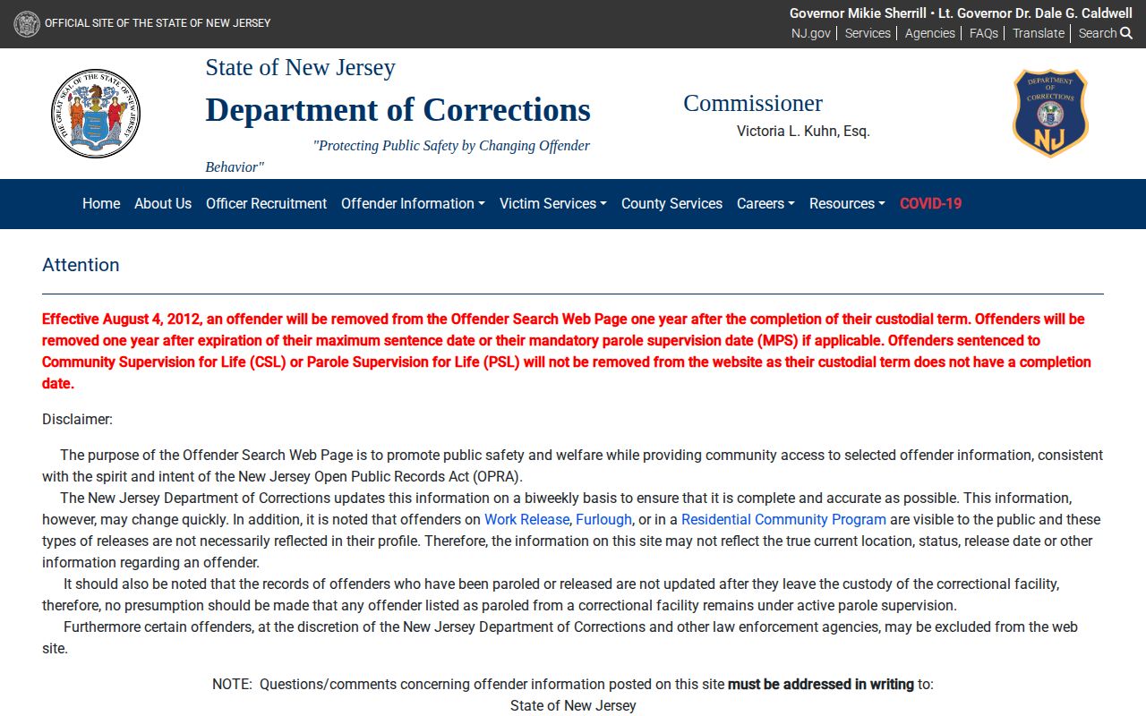 NJDOC search form for Warren County released inmate records